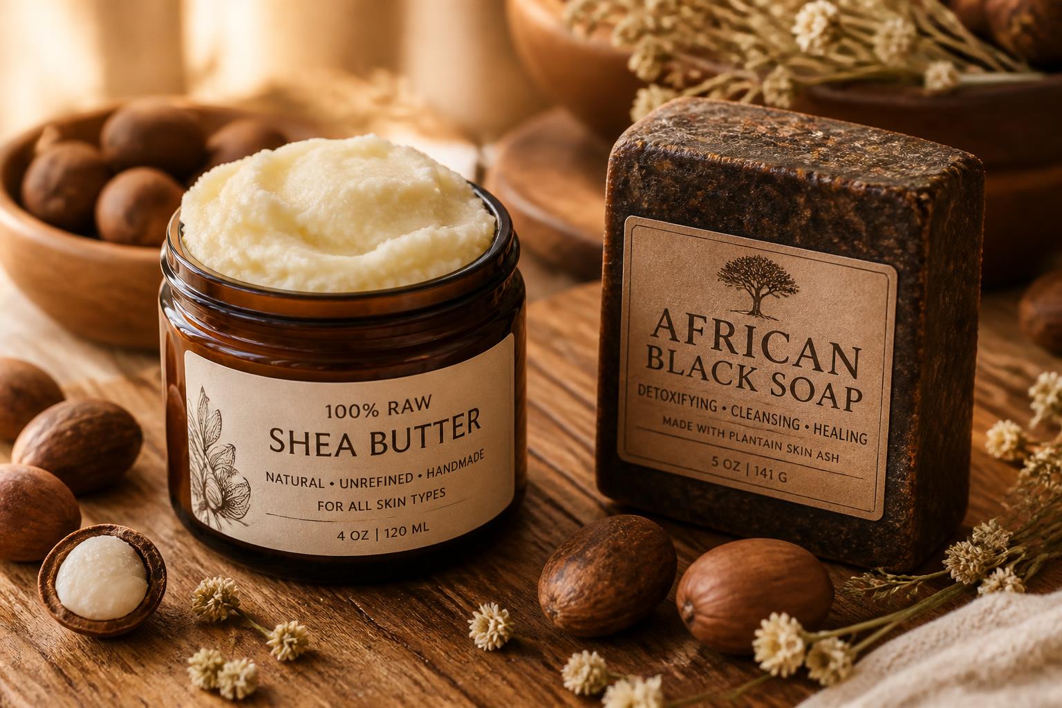 Jar of raw shea butter beside a bar of African black soap on a wooden table